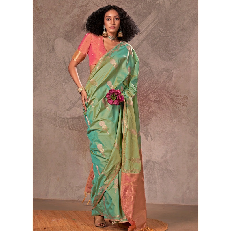 Green Spun Silk Saree With Blouse Piece - JD986585042