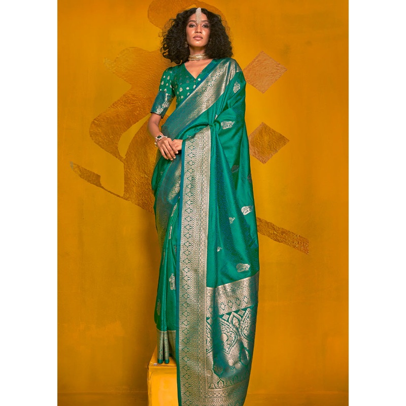 Green Spun Silk Saree With Blouse Piece - JD986585043