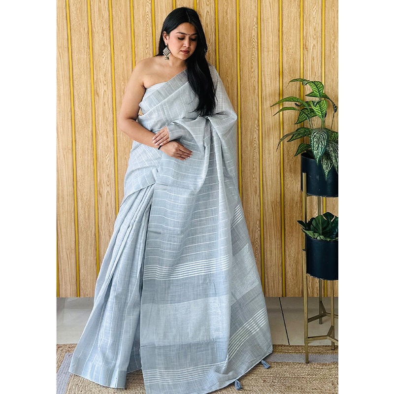 Grey Linen Silk Saree With Blouse Piece - JD986585088