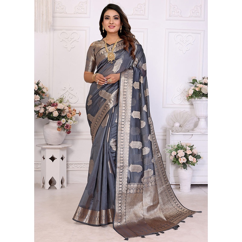 Grey Organza Saree With Blouse Piece - JD986585087