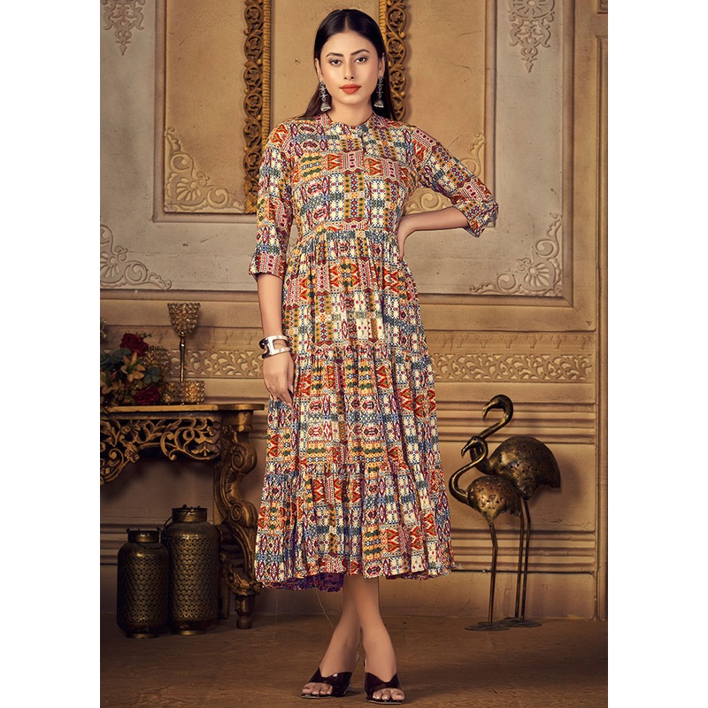 Grey Readymade Rayon Foil Print Long Kurti - JD986585212