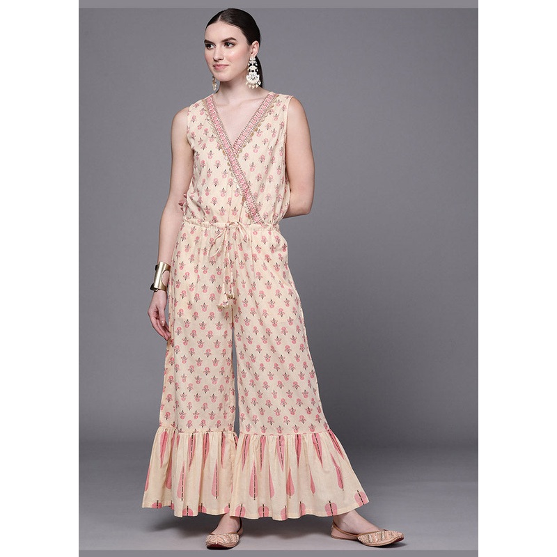 Light Yellow Cotton Printed Jumpsuit - JD986585199
