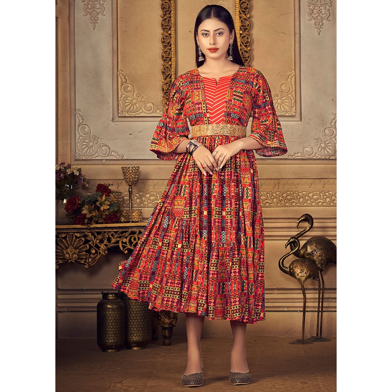 Maroon Readymade Rayon Foil Print Long Kurti - JD986585210