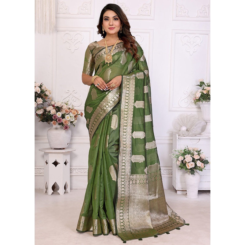 Mehendi Organza Saree With Blouse Piece - JD986585085