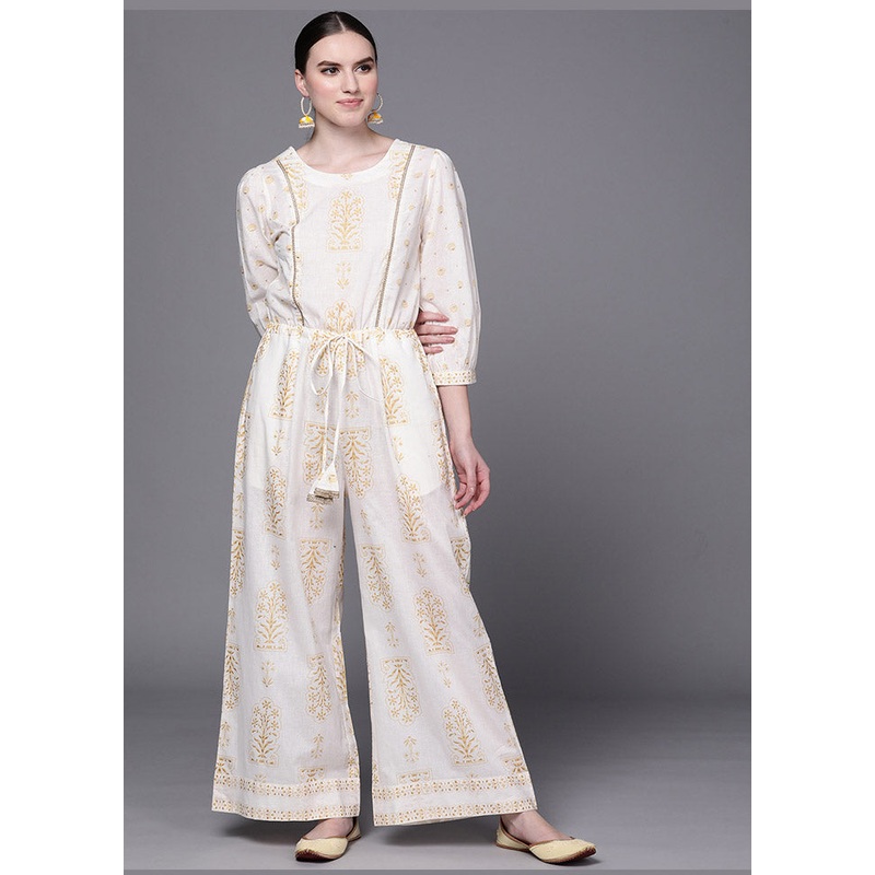 Off White Cotton Printed Jumpsuit - JD986585203