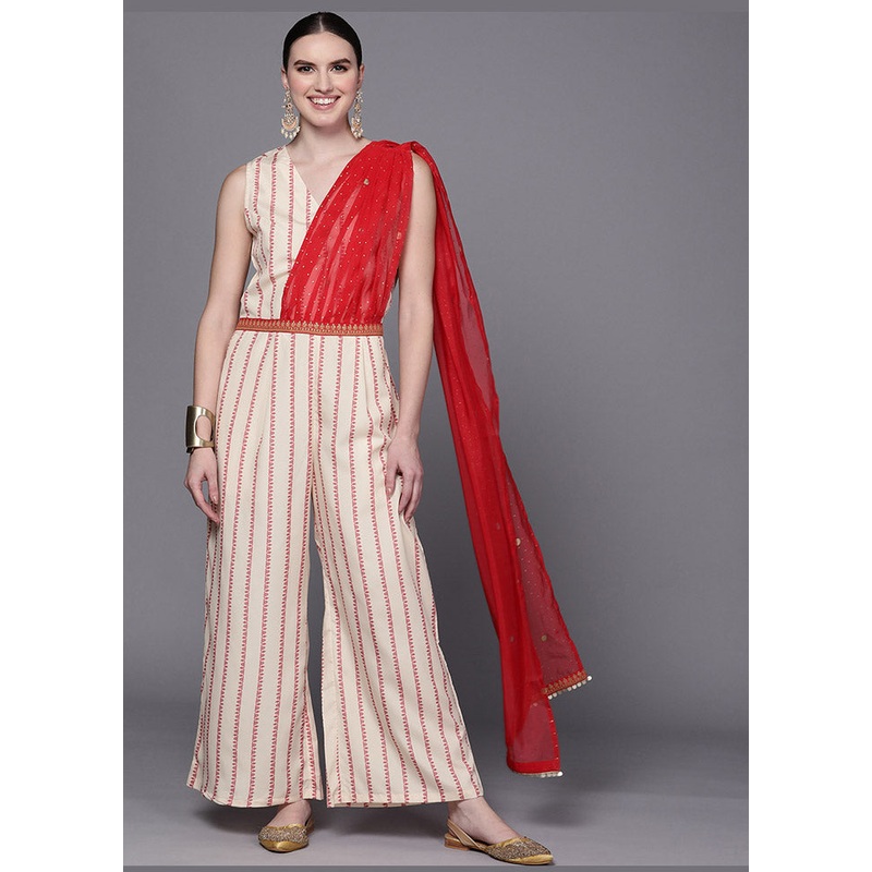 Off White Crepe Silk Printed Jumpsuit - JD986585205