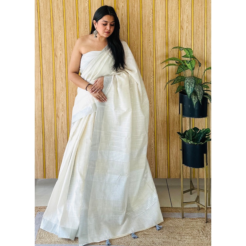 Off White Linen Silk Saree With Blouse Piece - JD986585079