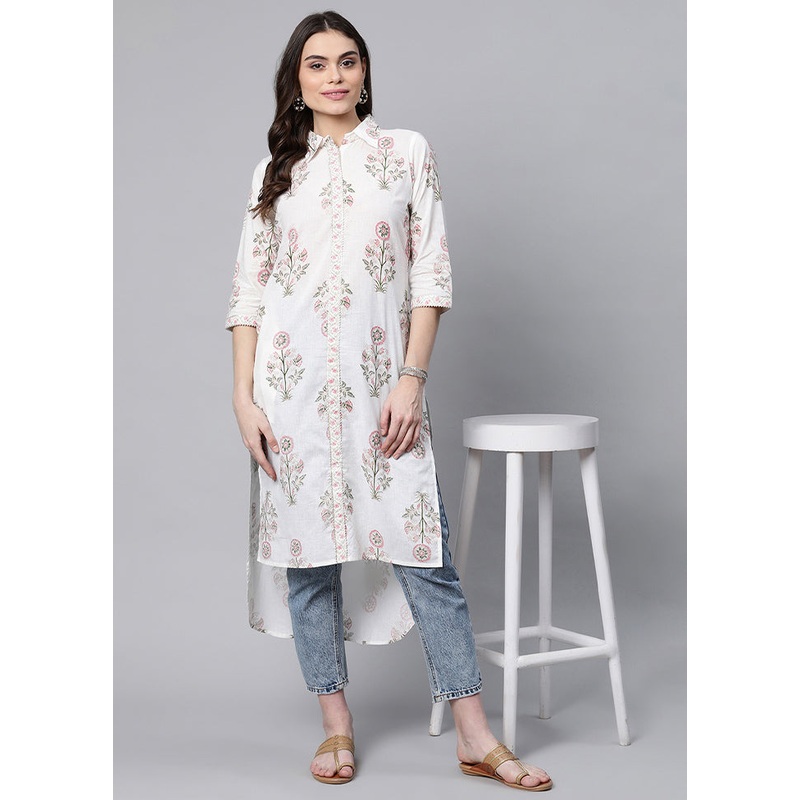 Off white Readymade Printed Kurti - JD986585189