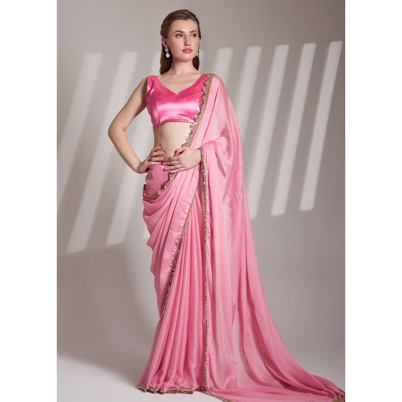 Pink Chiffon Silk Saree With Blouse Piece - JD986585077