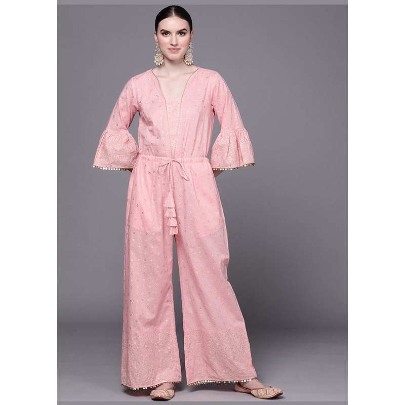 Pink Cotton Printed Jumpsuit - JD986585202
