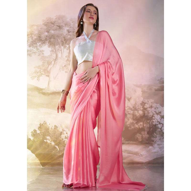 Pink Satin Silk Saree With Blouse Piece - JD986585073