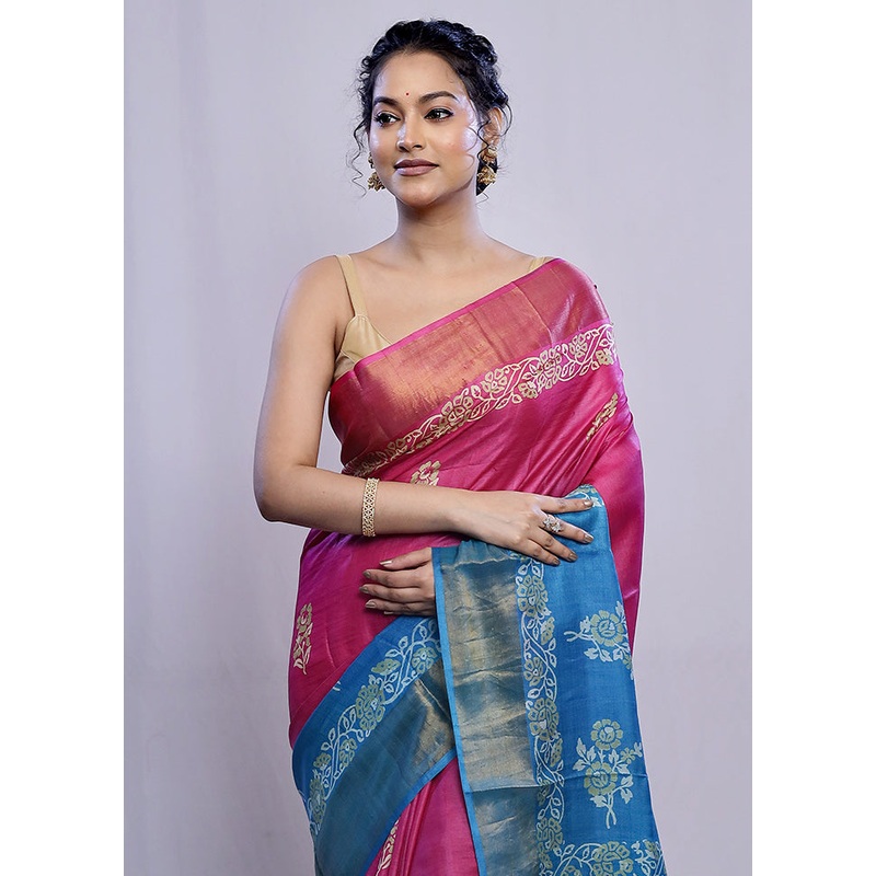 Pink Tussar Silk Saree With Blouse Piece - JD986585133