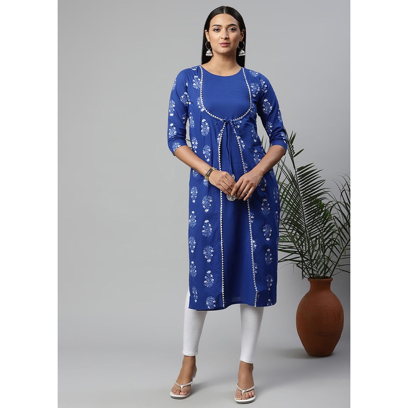 Royal Blue Readymade Printed Kurti - JD986585191