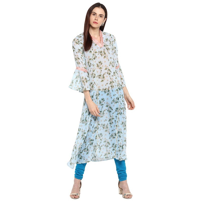 Sky Blue Readymade Printed Kurti - JD986585185