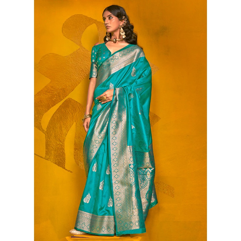 Turquoise Spun Silk Saree With Blouse Piece - JD986585031