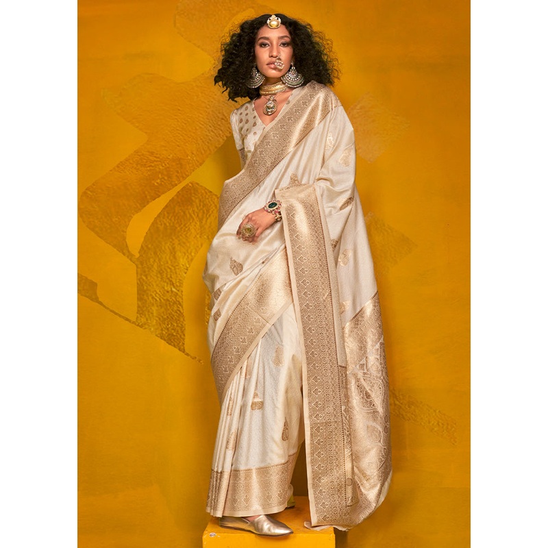 White Spun Silk Saree With Blouse Piece - JD986585030