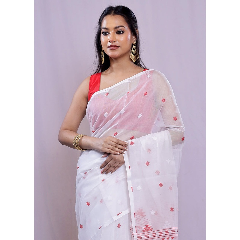 White Tant Jamdani  Saree Without Blouse Piece - JD986585151