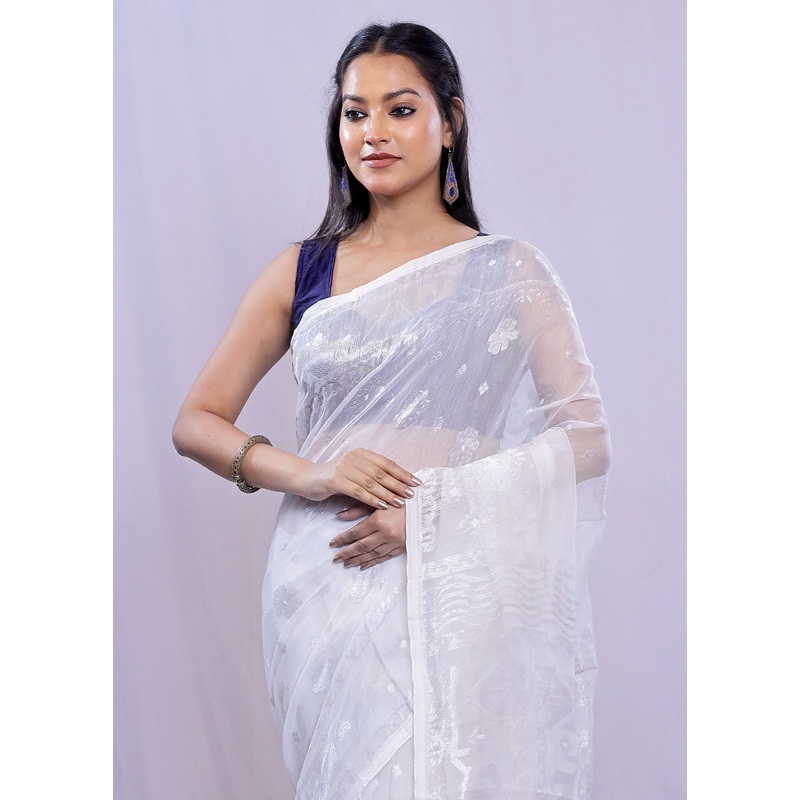 White Tant Jamdani  Saree Without Blouse Piece - JD986585152