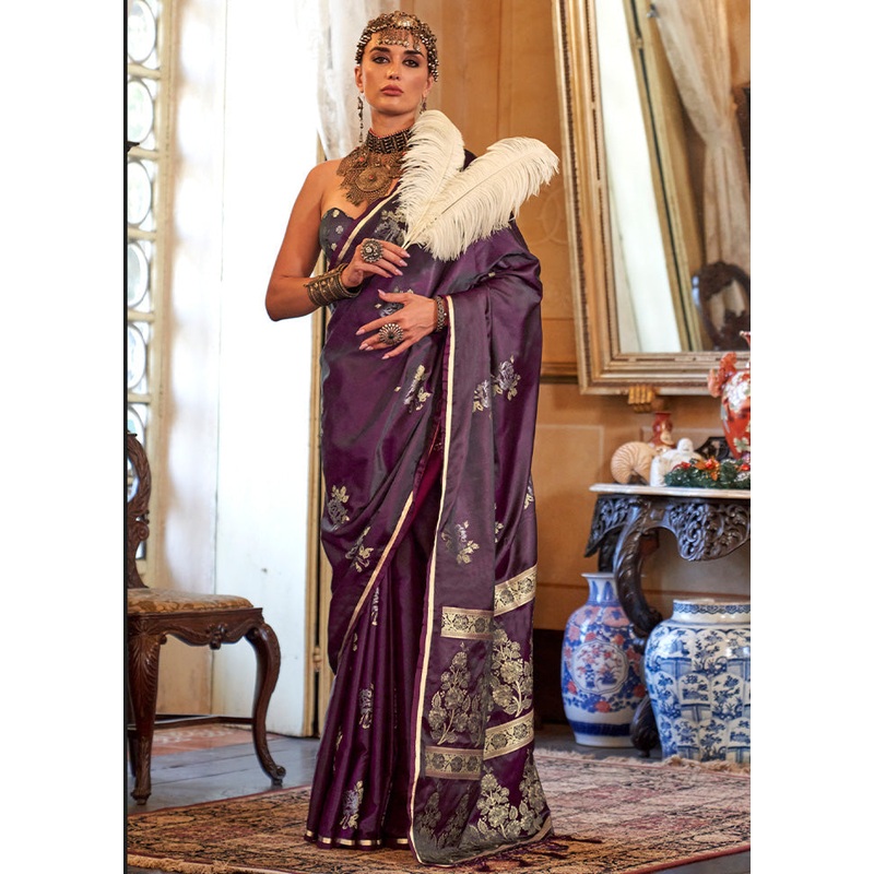 Wine Satin Silk Saree With Blouse Piece - JD986585029