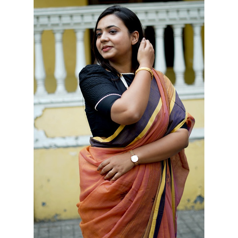 Yellow And Pink Dual Tone Cotton Saree With Blouse Piece - JD986585150