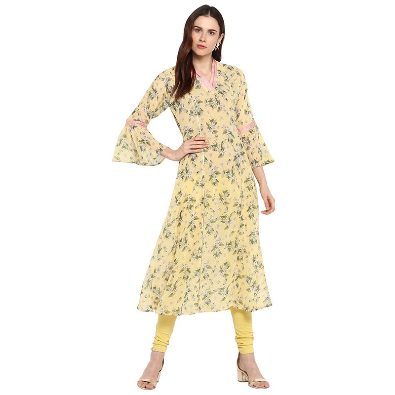 Yellow Readymade Printed Kurti - JD986585186