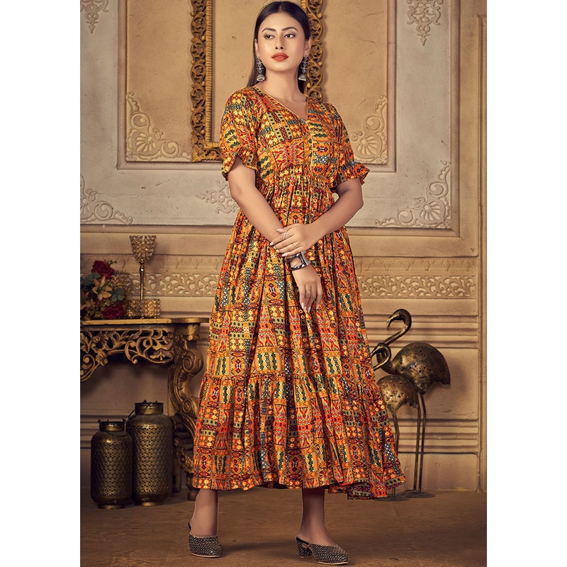 Yellow Readymade Rayon Foil Print Long Kurti - JD986585211