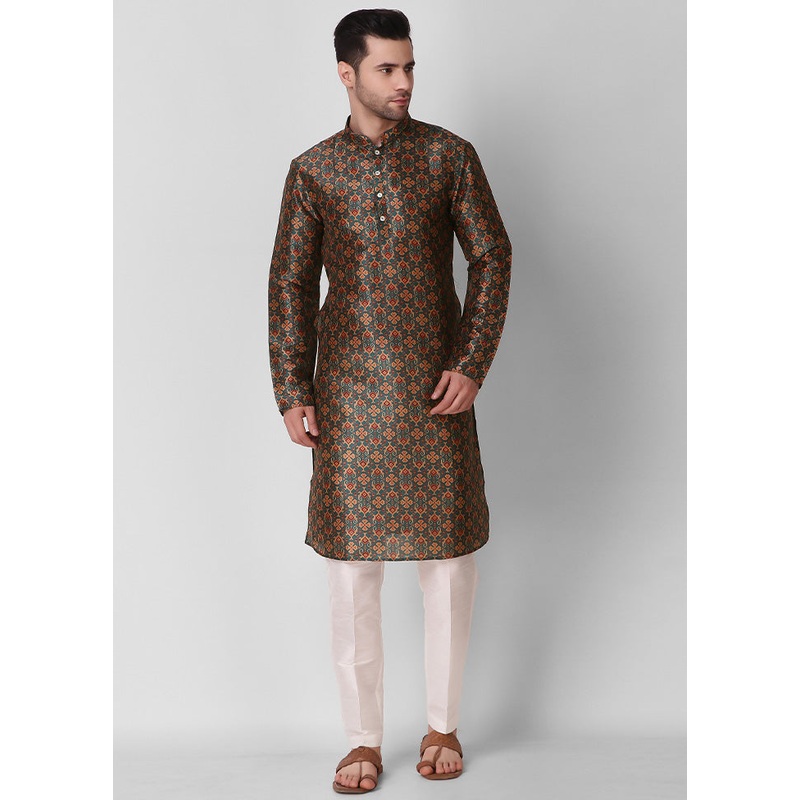 2 Pc Brown Dupion Silk Kurta Pajama Set - JD986584832
