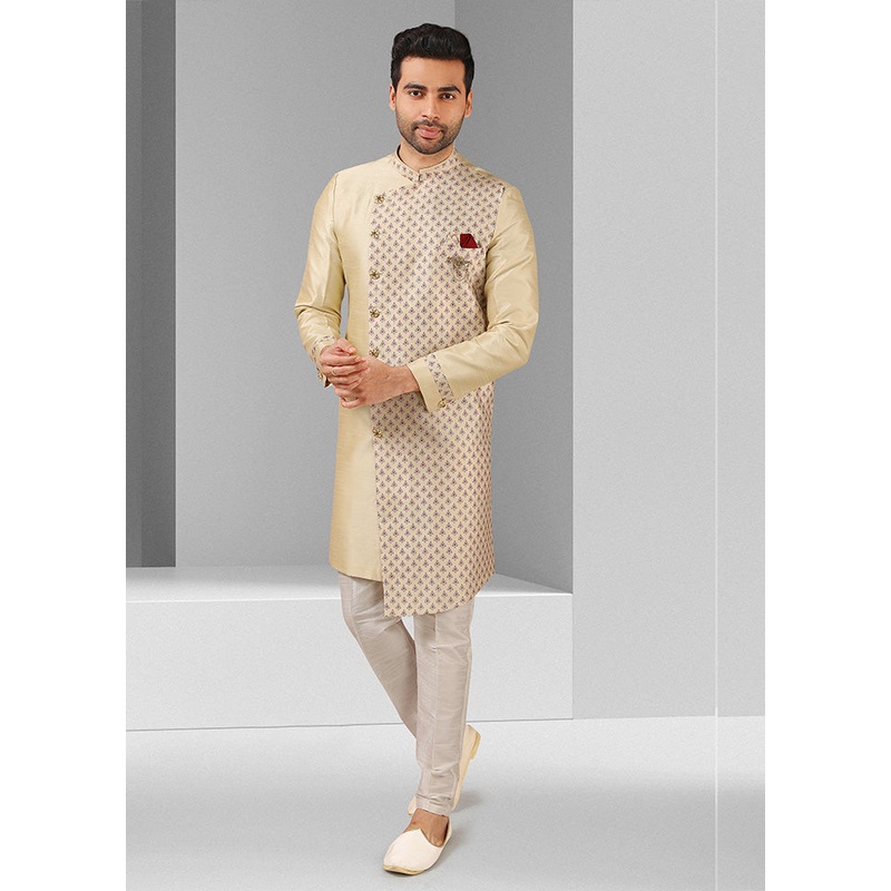 2 Pc Cream Dupion Silk Kurta Pajama Set - JD986584887