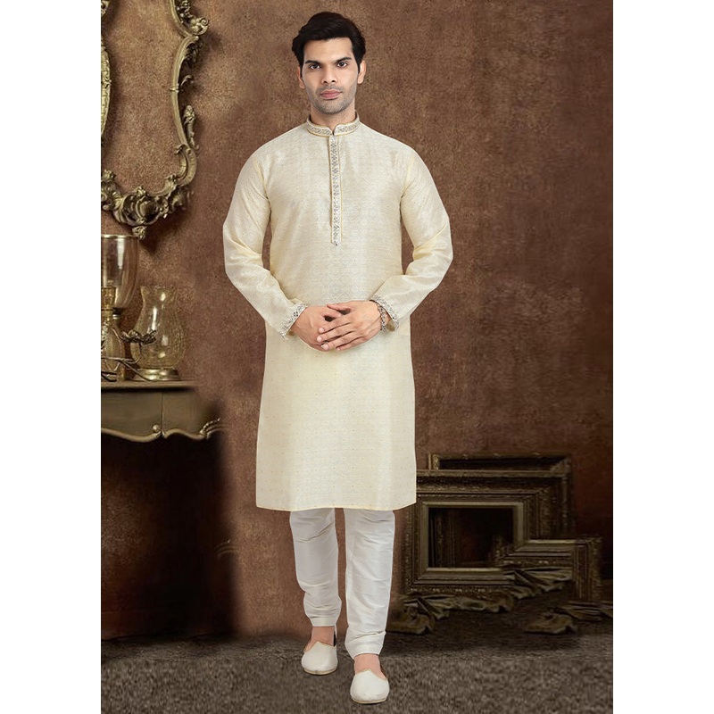 2 Pc Cream Dupion Silk Kurta Pajama Set - JD986584903