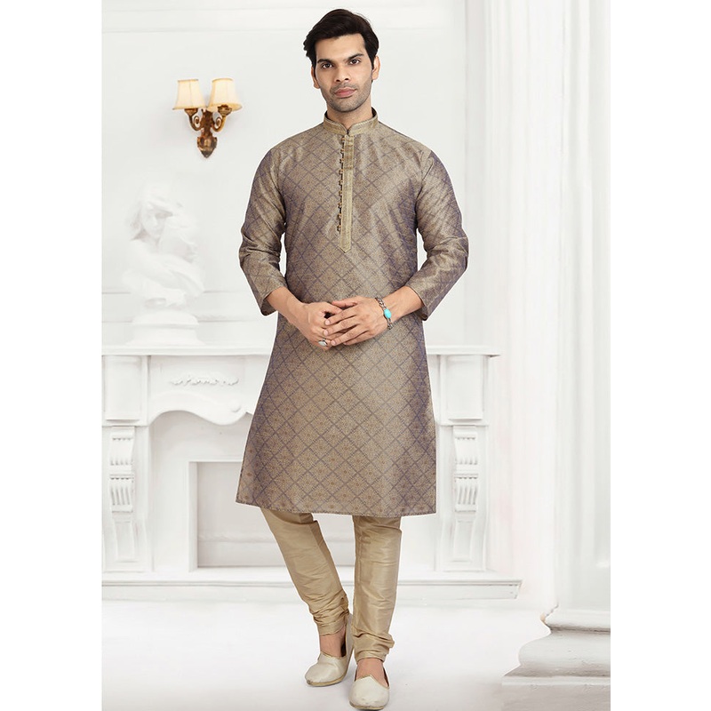 2 Pc Cream Dupion Silk Kurta Pajama Set - JD986584910