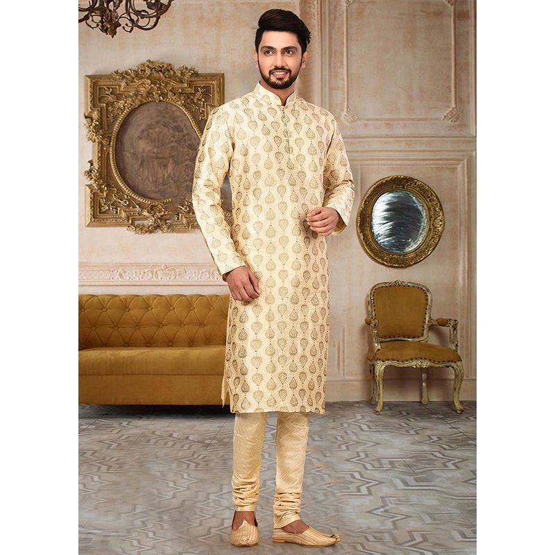 2 Pc Cream Silk Kurta And Pajama Set - JD986584915