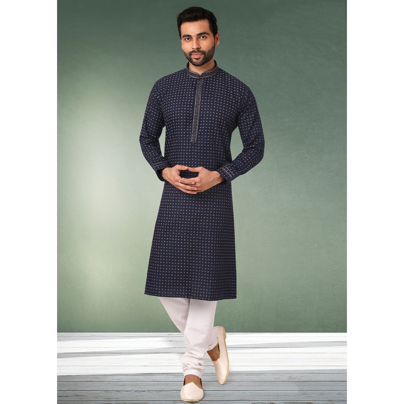 2 Pc Dark Blue Cotton Kurta Pajama Set - JD986584878