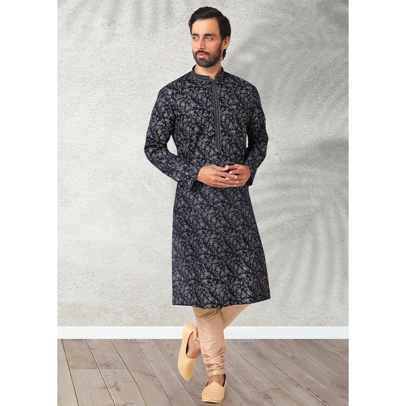 2 Pc Dark Blue Cotton Kurta Pajama Set - JD986584880