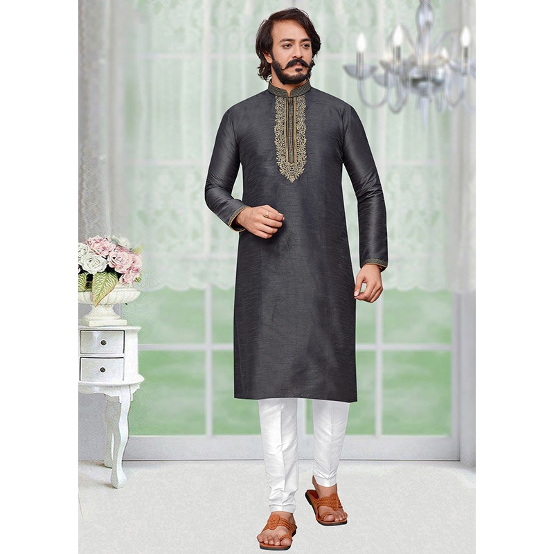 2 Pc Dark Grey Dupion Silk Kurta Pajama Set - JD986584859