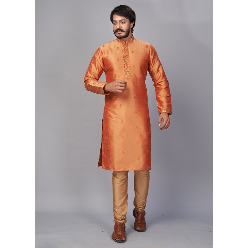 2 Pc Golden Dupion Silk Kurta Pajama Set - JD986584863