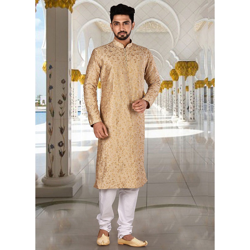 2 Pc Golden Silk Kurta And Pajama Set - JD986584913