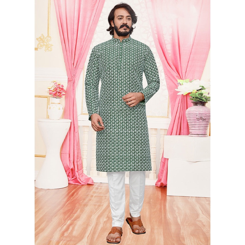 2 Pc Green Dupion Silk Kurta Pajama Set - JD986584829