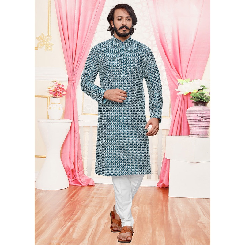 2 Pc Green Dupion Silk Kurta Pajama Set - JD986584830