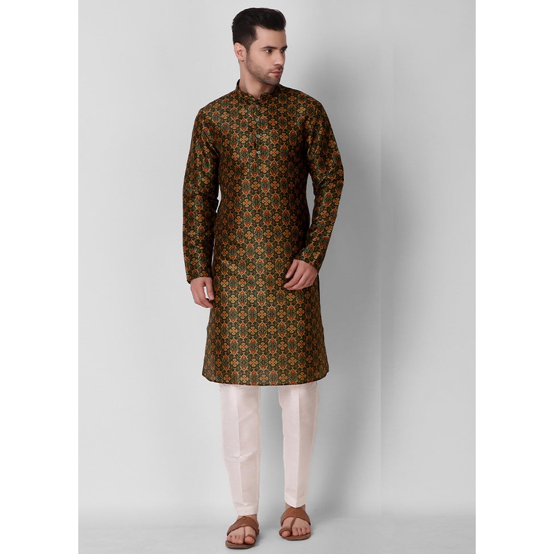 2 Pc Green Dupion Silk Kurta Pajama Set - JD986584831
