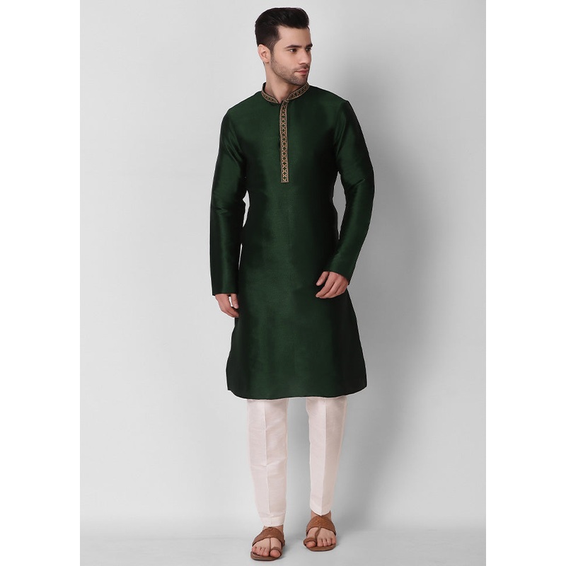 2 Pc Green Dupion Silk Kurta Pajama Set - JD986584843