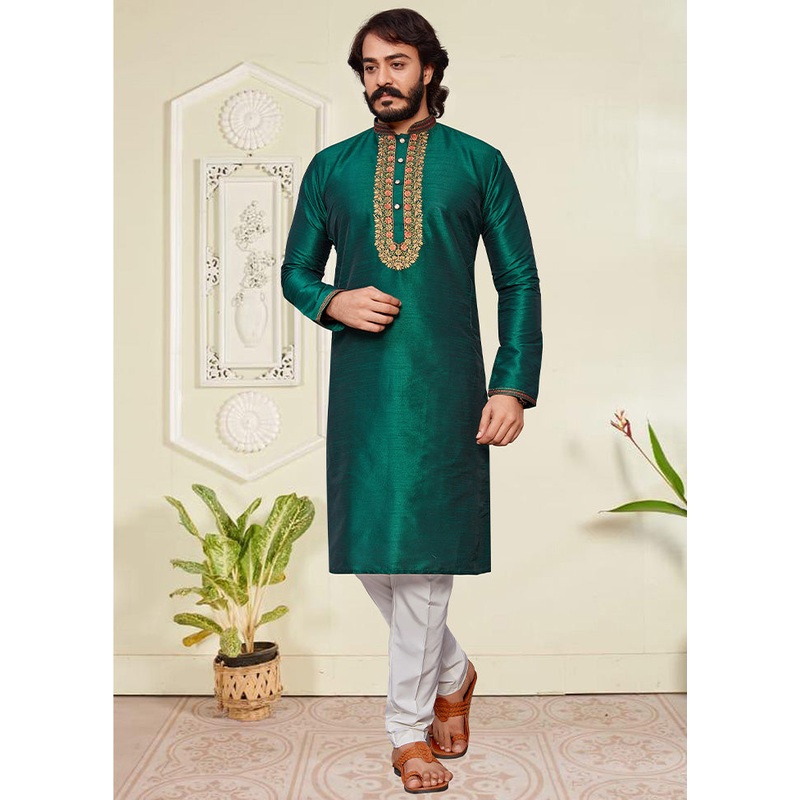 2 Pc Green Dupion Silk Kurta Pajama Set - JD986584851