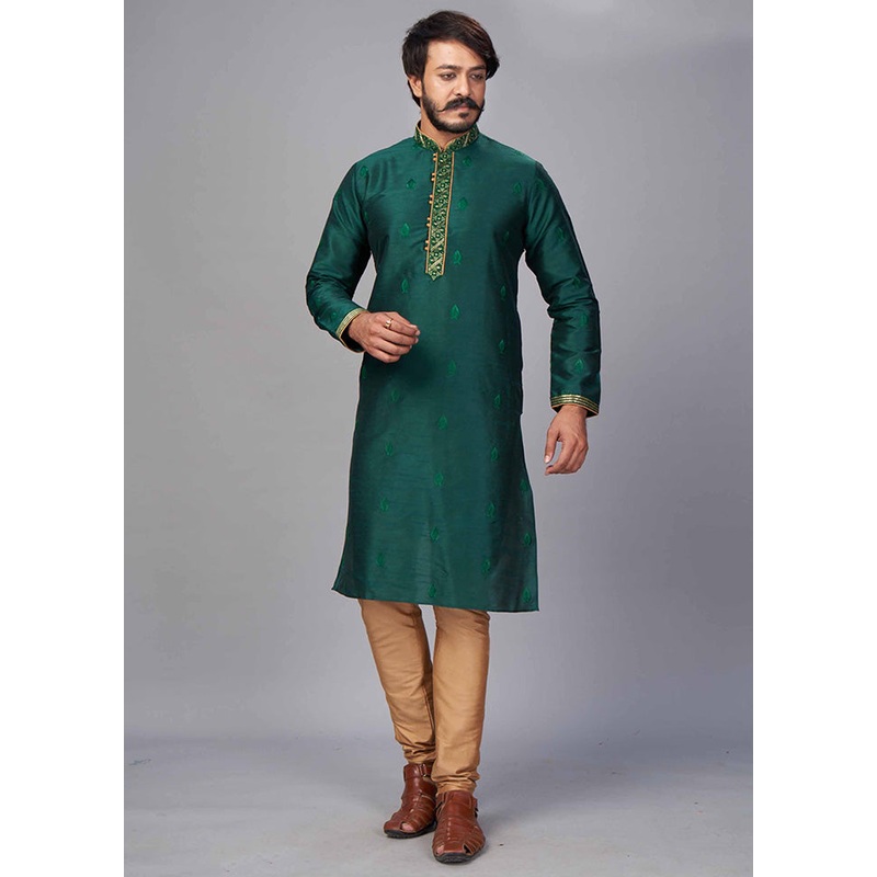 2 Pc Green Dupion Silk Kurta Pajama Set - JD986584867
