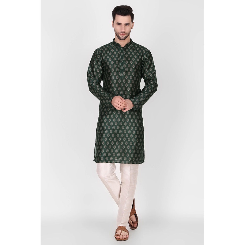 2 Pc Green Dupion Silk Kurta Pajama Set - JD986584868