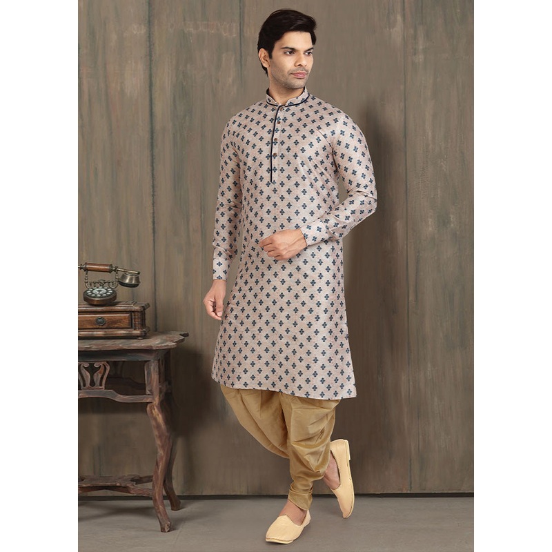 2 Pc Grey Dupion Silk Kurta Dhoti Set - JD986584895