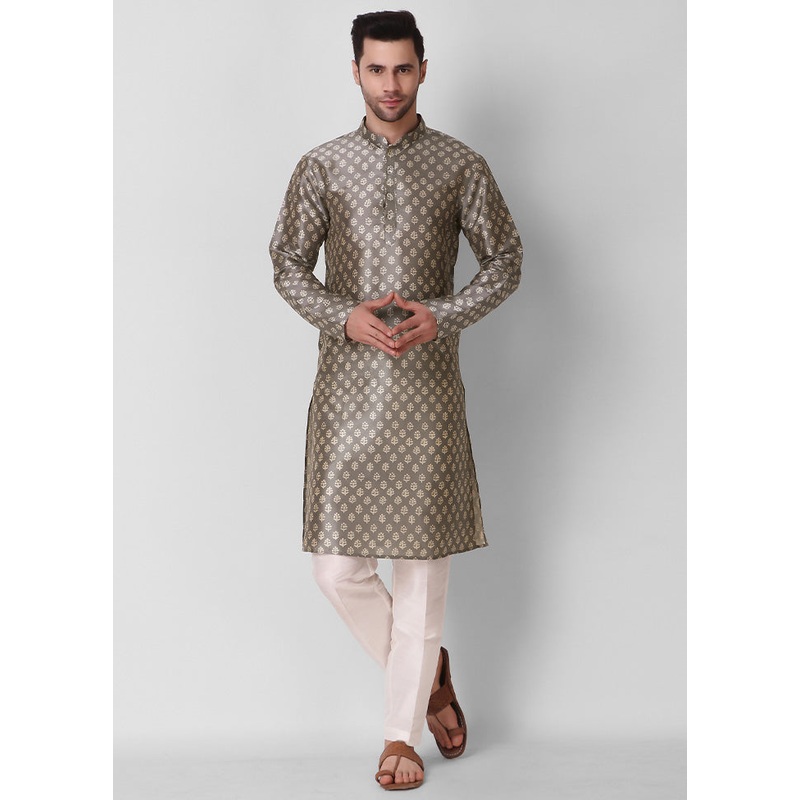 2 Pc Grey Dupion Silk Kurta Pajama Set - JD986584836