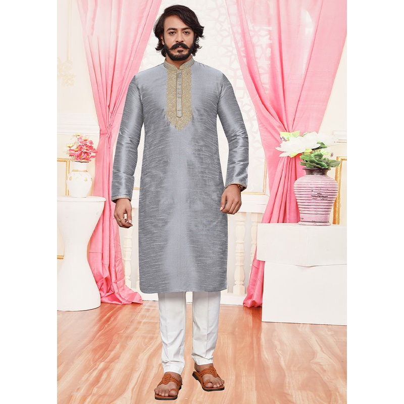 2 Pc Grey Dupion Silk Kurta Pajama Set - JD986584856