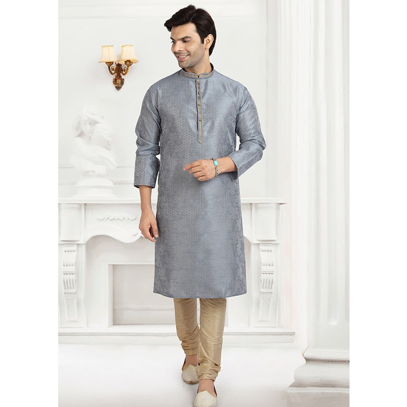 2 Pc Grey Dupion Silk Kurta Pajama Set - JD986584908