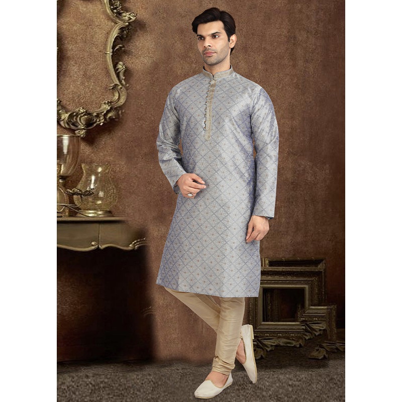 2 Pc Grey Dupion Silk Kurta Pajama Set - JD986584909