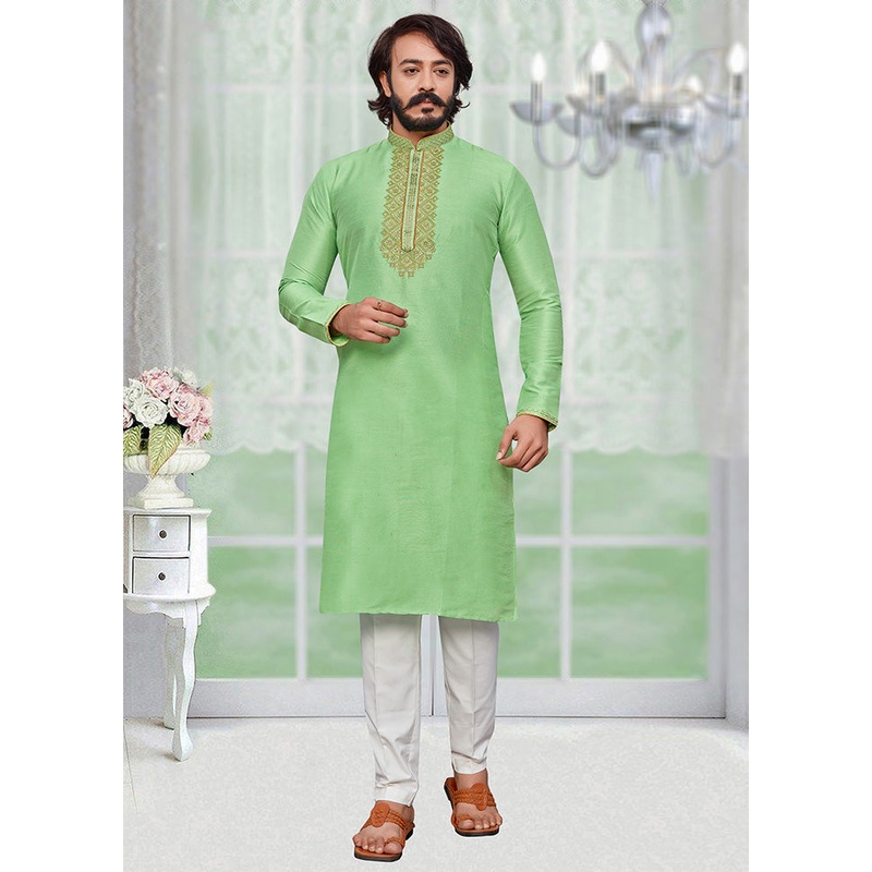 2 Pc Light Green Dupion Silk Kurta Pajama Set - JD986584854