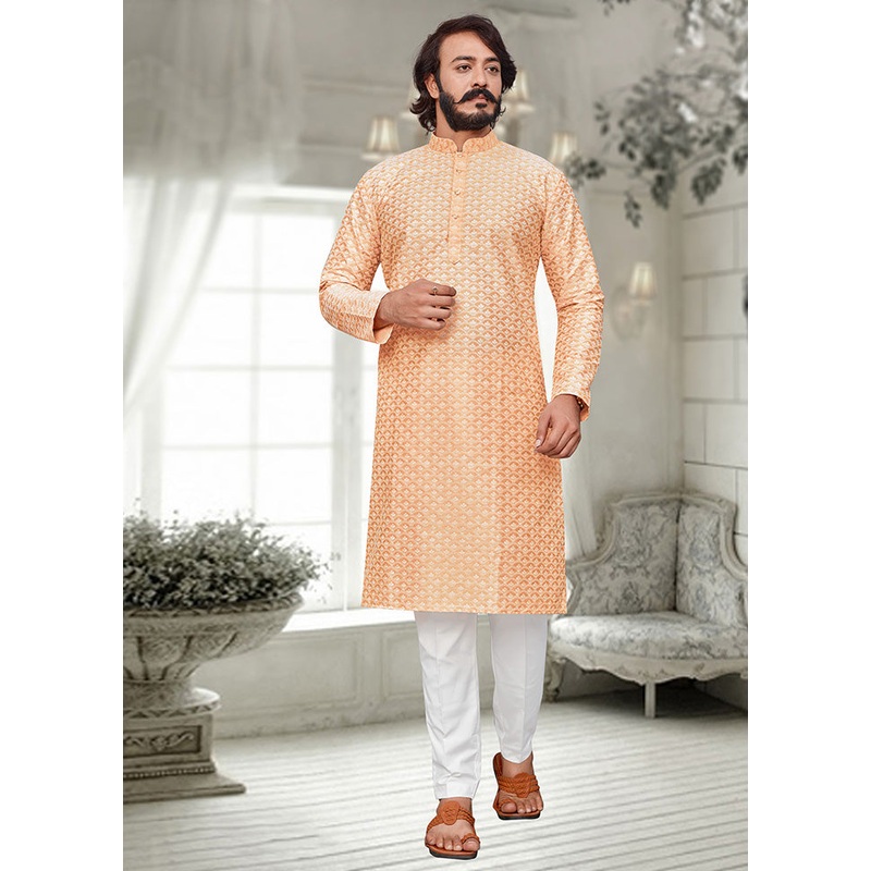 2 Pc Light Yellow Dupion Silk Kurta Pajama Set - JD986584828